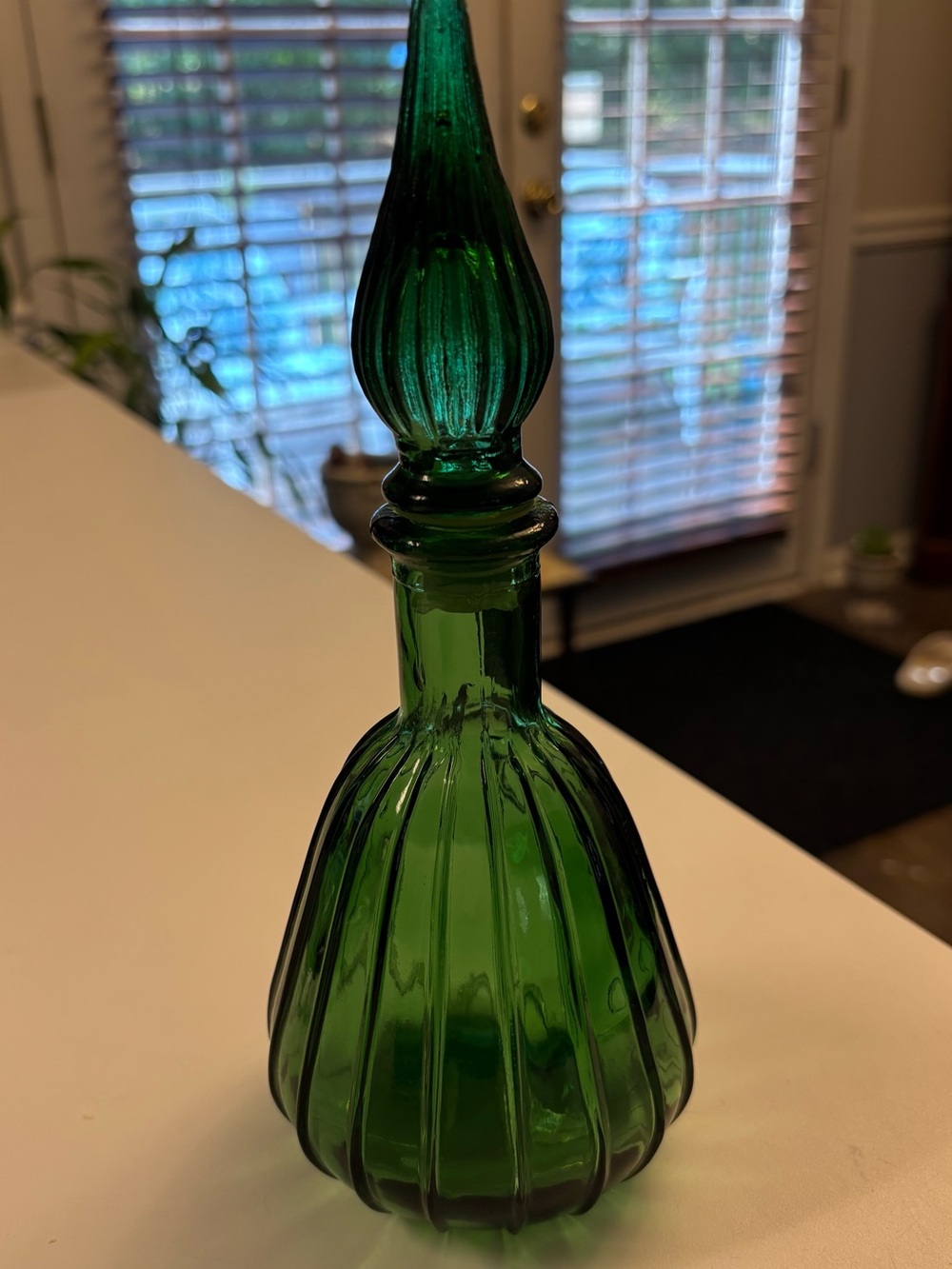 Vintage Emerald Green Ribbed Glass Genie Bottle Decanter Mini 9.5”